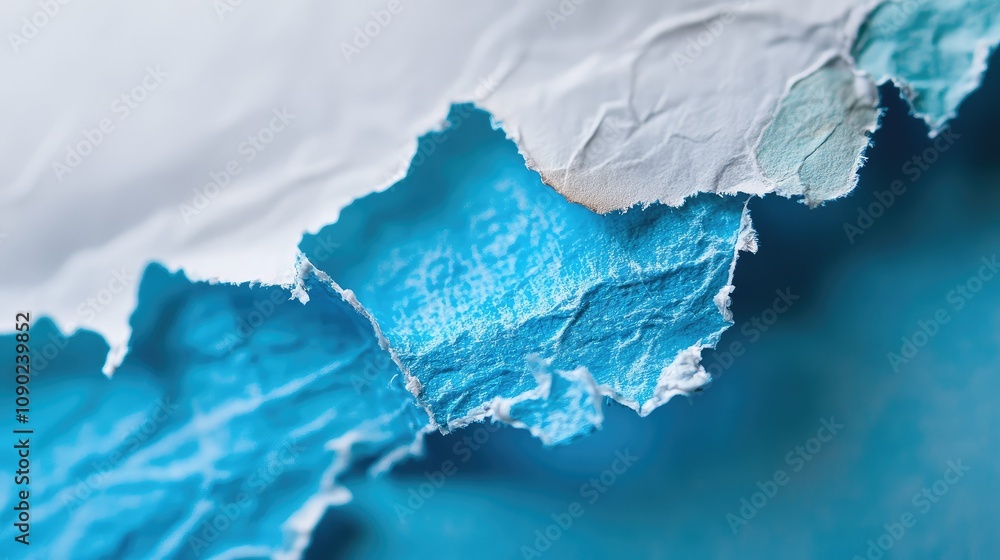 Poster close-up view of torn paper revealing vibrant blue texture with layered white edges in a creative an
