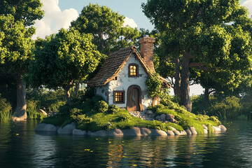 Obraz premium hd wallpaper miniature model of a small cottage on the shore of a lake