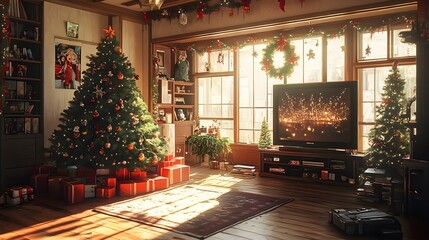 Fototapeta premium Cozy living room decorated for Christmas with tree, gifts, and warm sunlight.