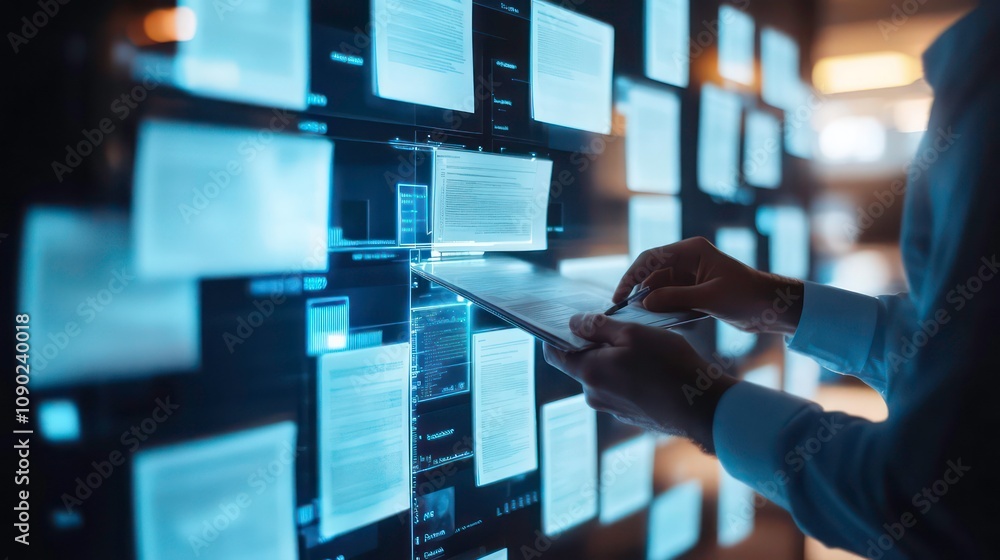 Poster a person using a tablet to interact with a digital wall displaying a grid of data and information.