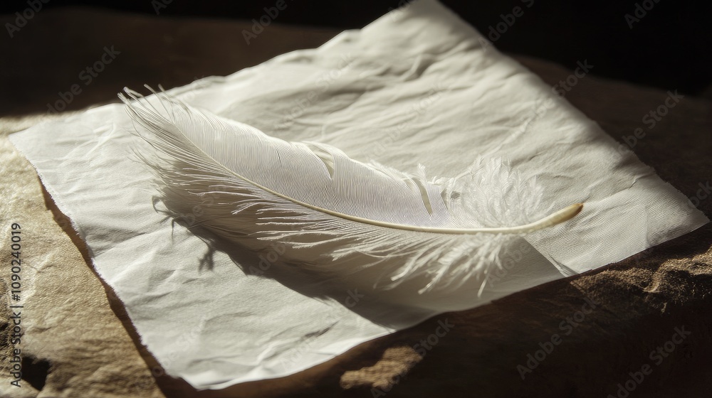 Poster delicate white feather resting on soft crumpled paper with subtle shadow play in warm natural light 