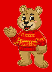 Obraz premium Happy Cartoon Bear Mascot Wearing Christmas Sweater