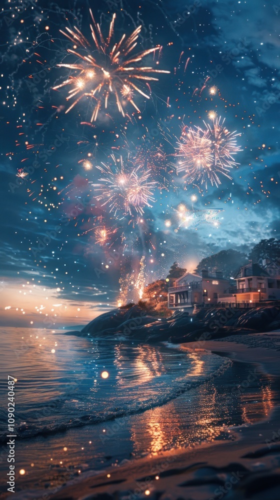 Poster a breathtaking display of fireworks over a tranquil beach, with the reflection of the light in the w