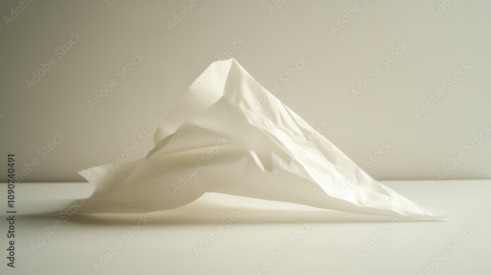 Poster crumpled white paper shaped like a mountain on a minimalist background emphasizing texture and form 