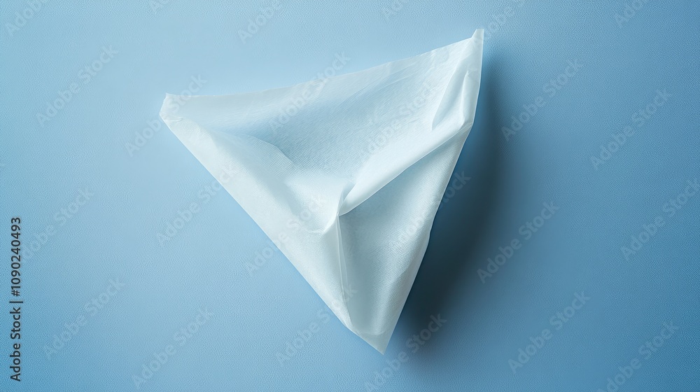 Poster delicate white paper folded into a triangular shape on a light blue background, symbolizing creativi