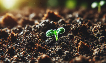 A small green sprout emerges from the black soil, illuminated by the soft rays of the sun. A symbol of nature, growth and hope, blending harmoniously into a warm and inspiring atmosphere