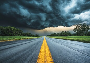 A dark, ominous storm cloud hangs over a deserted asphalt road with a yellow line down the middle.