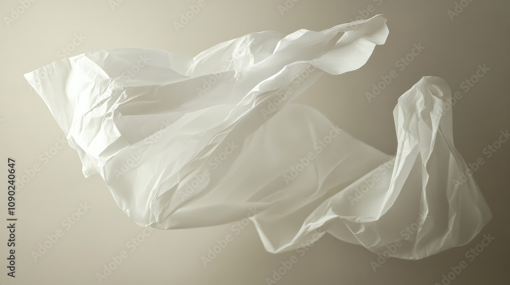 Poster ethereal movement of wrinkled white fabric suspended in air, capturing light and texture with a subt