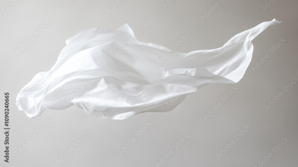 Poster ethereal flowing white fabric on a soft gray background capturing movement and lightness with delica