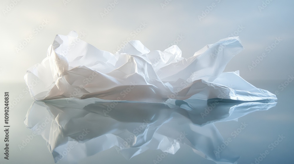Poster abstract composition of crumpled white paper with soft lighting creating reflections on a smooth sur
