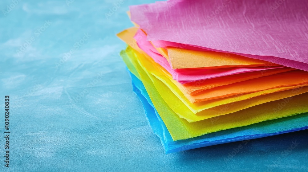 Poster vibrant stack of colorful tissue paper sheets on a soft blue background for crafting and decorative 