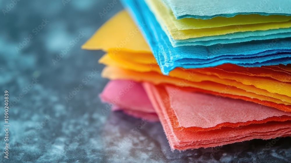 Poster colorful layers of tissue paper stacked on a metallic surface creating a bright and cheerful backgro
