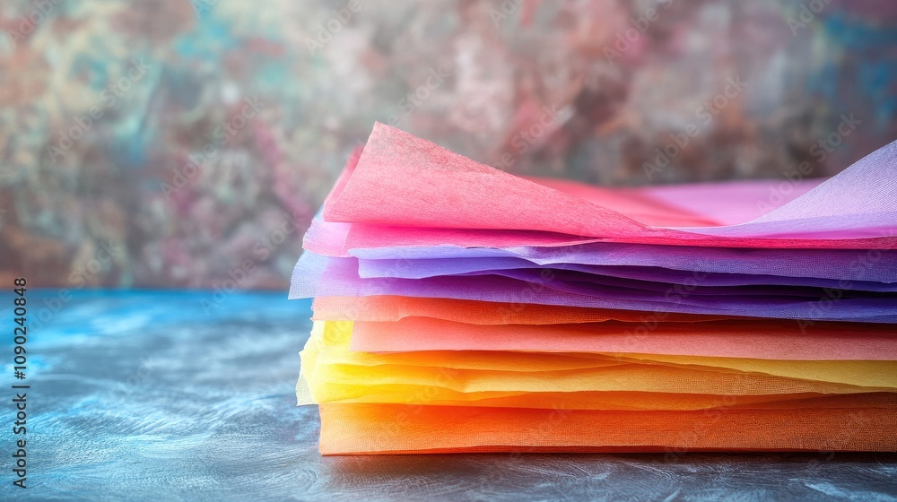 Poster vibrant stack of colorful tissue paper sheets for crafting projects on a glistening surface with art