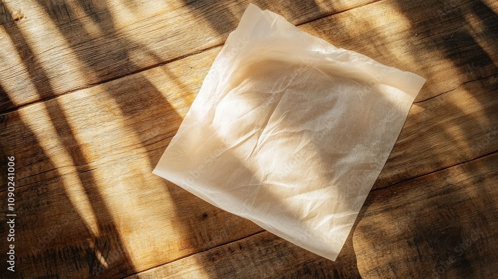 Poster soft, wrinkled paper on rustic wooden surface with gentle shadows and warm, natural light creating a