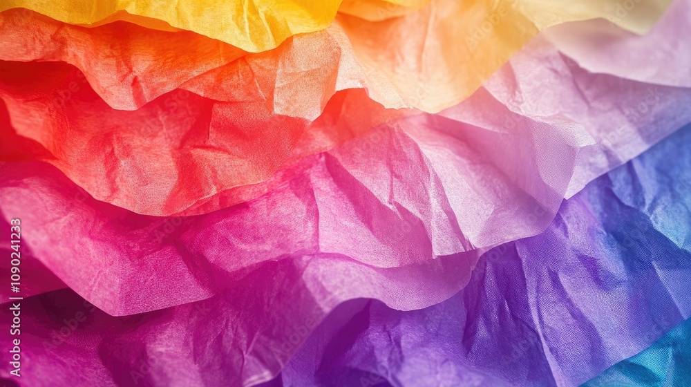Poster colorful layers of crinkled tissue paper displaying a vibrant gradient from warm reds and oranges to