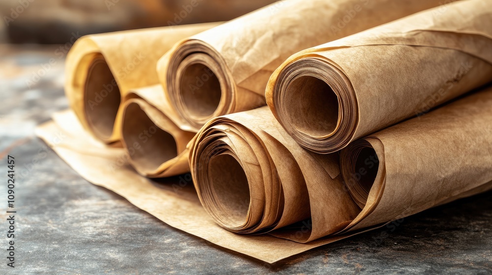 Poster Rolled sheets of vintage brown parchment paper showcasing their textured surface, creating a warm and rustic atmosphere ideal for creative projects and artistic backgrounds