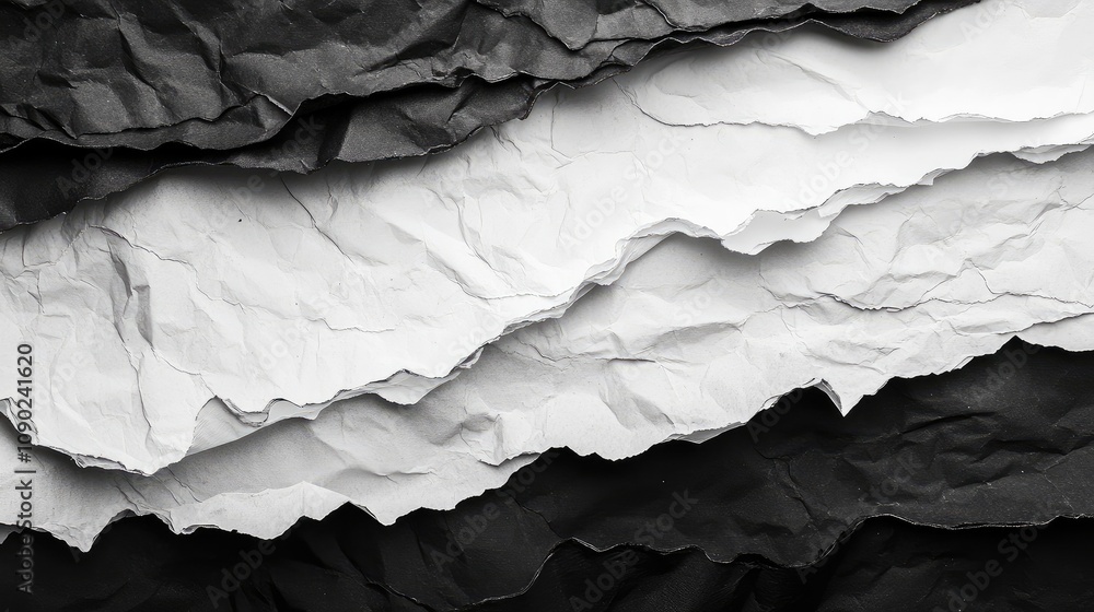 Poster crumpled black and white paper abstract texture with dynamic layers and varying shades for creative 