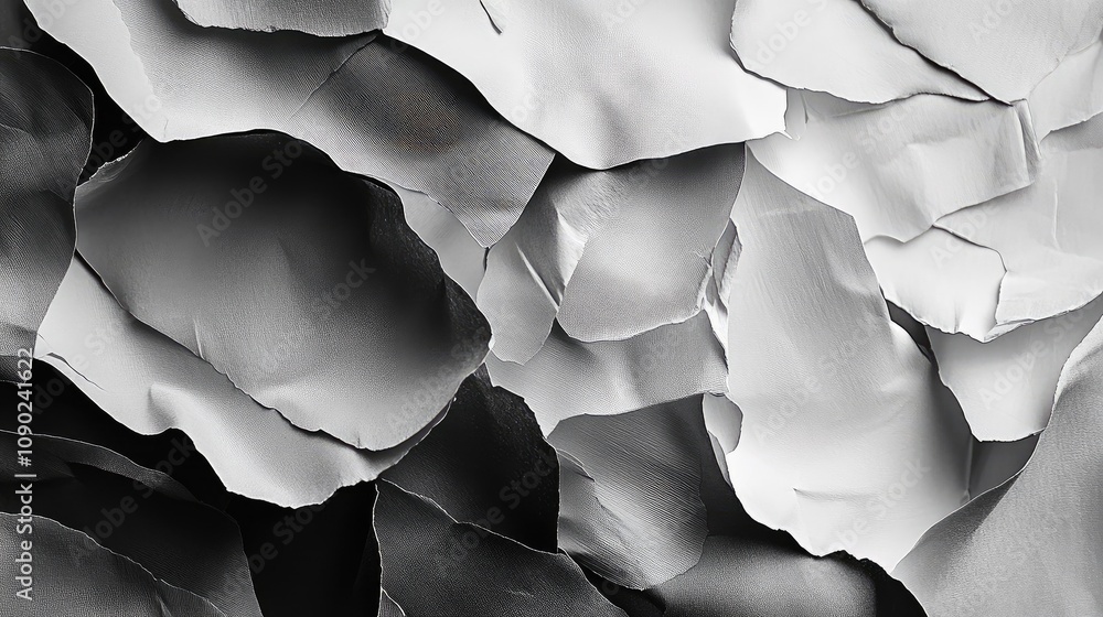 Poster abstract background of black and white torn paper layers creating a textured collage with soft shado