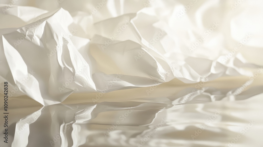 Poster textured white paper crumple with soft reflections on smooth surface creating an ethereal and serene