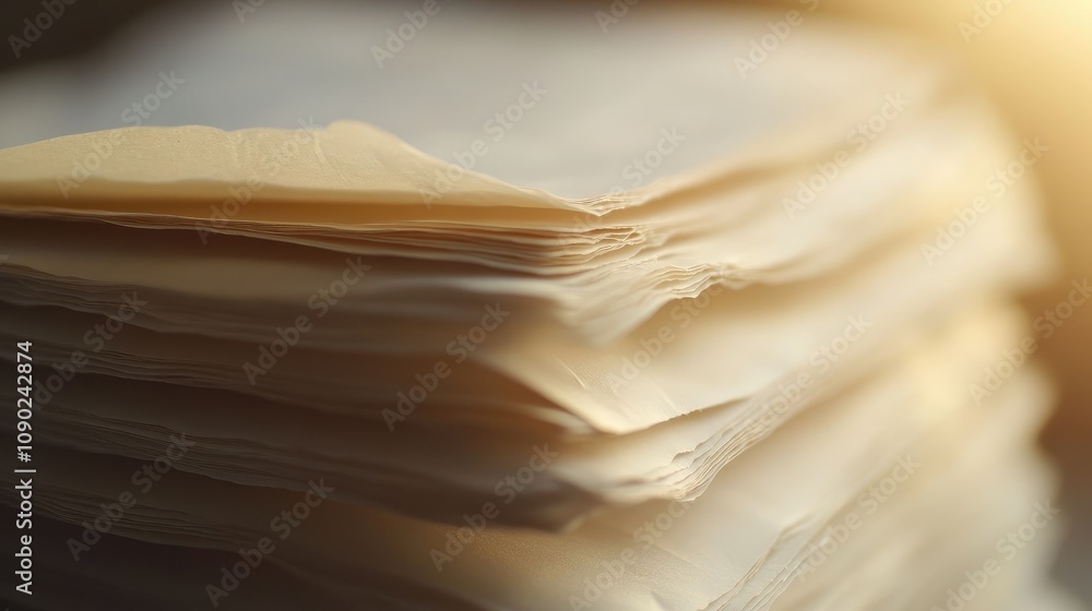 Poster close-up view of stacked paper sheets highlighting textures and colors with soft lighting enhancing 
