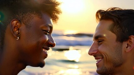 Happy male gay couple on beach during sunset. Experience the magic of love as this happy couple shares a tender moment on the beach at sunset! - Powered by Adobe