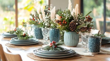 Elegant table setting with winter decor, featuring greenery and decorative elements.