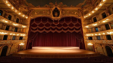 A grand theater interior featuring an ornate stage and luxurious seating.