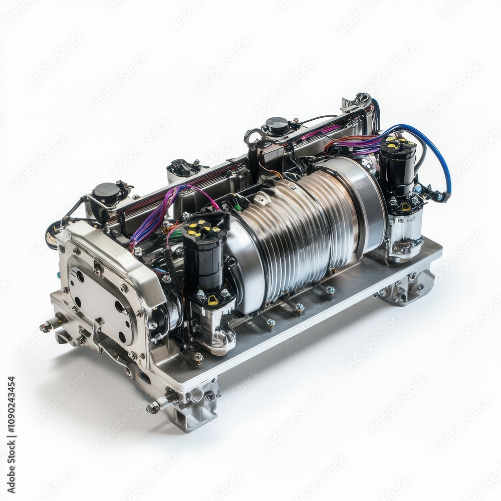 Poster a mechanical device showcasing components likely for engineering or automotive applications.