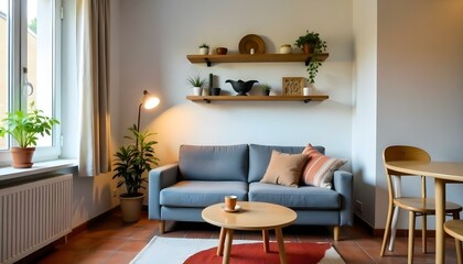 A small studio apartment with a cozy living space. The room features a gray sofa, a round wooden coffee table