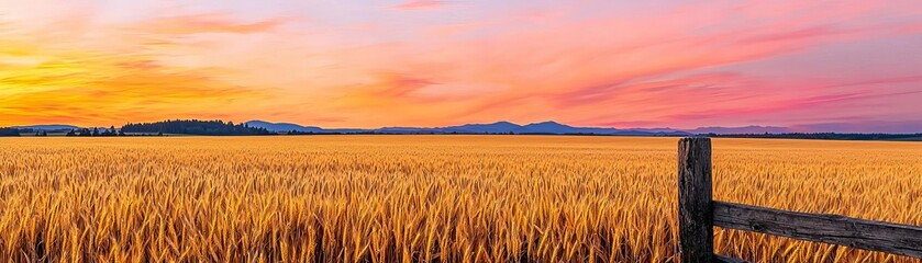Obraz premium A serene golden wheat field stretches beneath a stunning sunset, with vibrant colors blending in the sky, creating a picturesque rural scene.