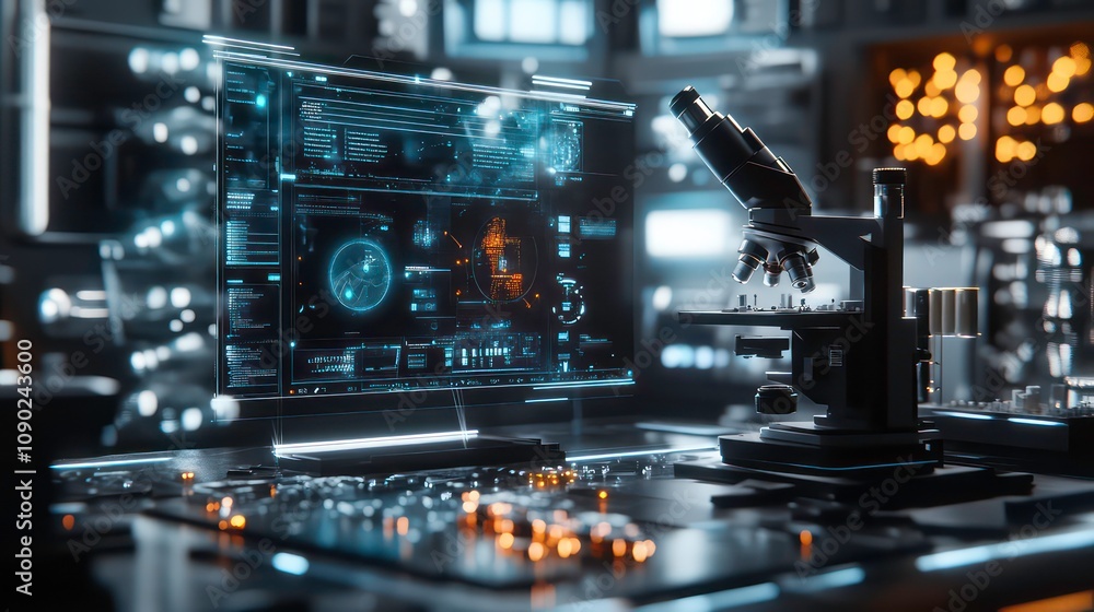 Poster a futuristic laboratory setting with a computer monitor displaying data and a microscope in the fore