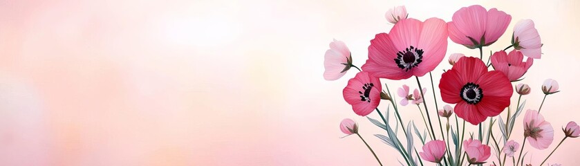 Fototapeta premium A vibrant arrangement of delicate pink and red flowers against a soft, blurred background, radiating beauty and tranquility in nature.