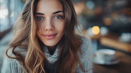 Obraz premium Close-Up Portrait of a Woman with Brown Hair