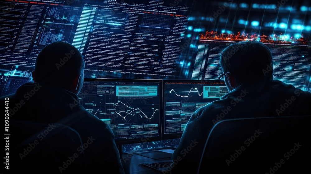 Poster two individuals monitor advanced data analytics on multiple screens, illuminated by a blue-lit envir