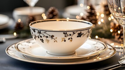 Fototapeta premium Elegant dining setting featuring a decorative bowl and plates with floral motifs.