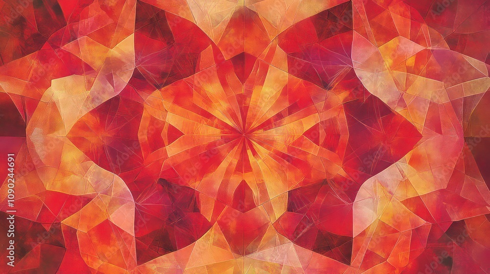 Poster abstract red and orange geometric pattern with a starburst effect in the center.