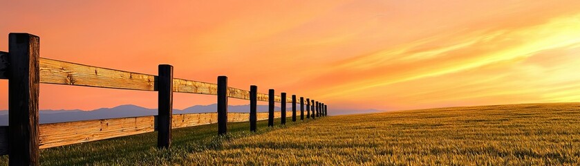 Fototapeta premium Golden fields glowing in twilight, with a rustic wooden fence running alongside, framed by warm orange and pink skies that accentuate the summer mood