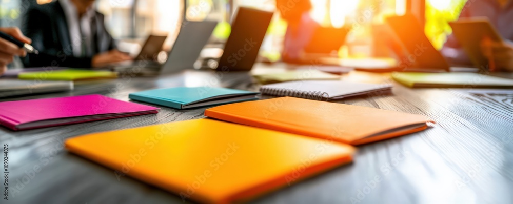 Poster an office workspace with colorful sticky notes on a table, laptops in use, and sunlight streaming th