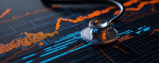 Stethoscope on a high-tech financial chart, health and finance connection, digital medical analysis, blue and orange glow, concept of healthcare market trends