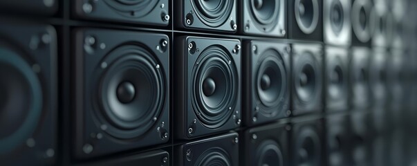 Row upon row of dark speakers forming a seamless wall, sound amplification theme, immersive audio design, minimalistic and modern sound engineering setup
