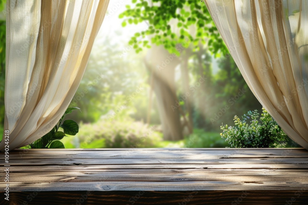 Aufkleber curtains are open to reveal nature. perfect for displaying products or showing a window view.
