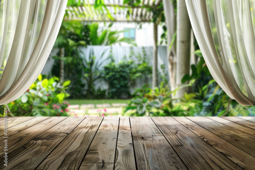 Aufkleber wooden table with curtains and a blurred garden background. this image is perfect for adding a sense