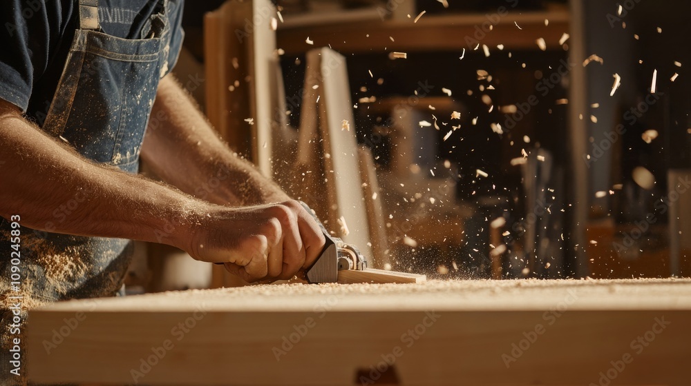 Poster a carpenter using a handheld router to trim wood edges at a woodworking workshop on a construction s
