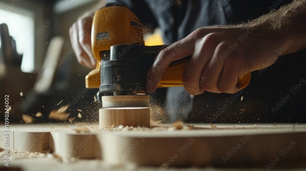 Poster a carpenter using a handheld router to trim wood edges at a woodworking workshop on a construction s