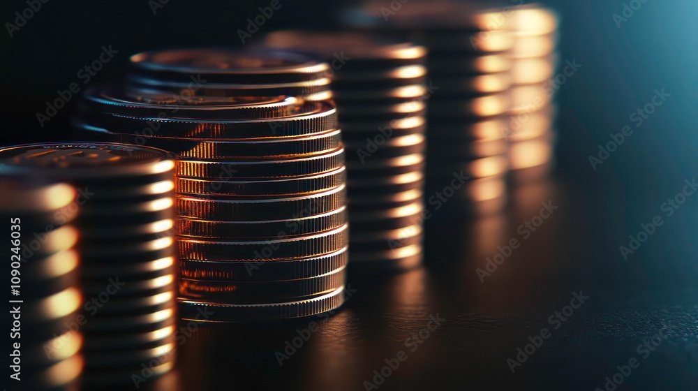 Poster stacks of shiny copper coins in a row on a dark background.