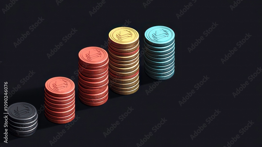 Poster five stacks of coins in different colors increasing in height from left to right on a black surface,
