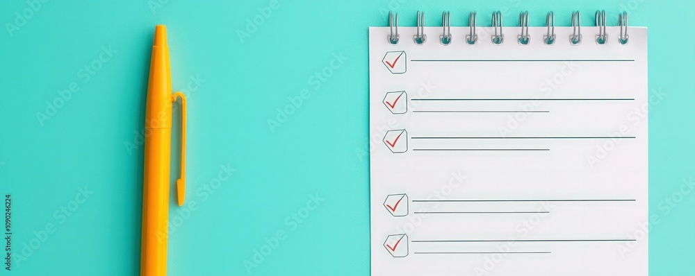 Poster a bright turquoise background features a spiral notebook with checkboxes and a yellow pen, perfect f
