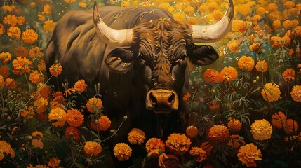 Naklejka premium Bull in a Field of Marigolds
