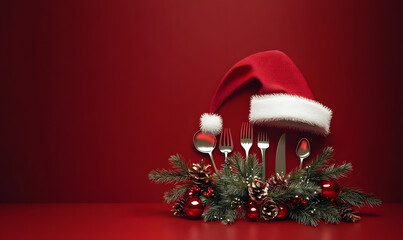 Santa hat with silver cutlery and Christmas decoration on red background. Christmas dinner concept design with copy space. 3D Rendering, 3D Illustration