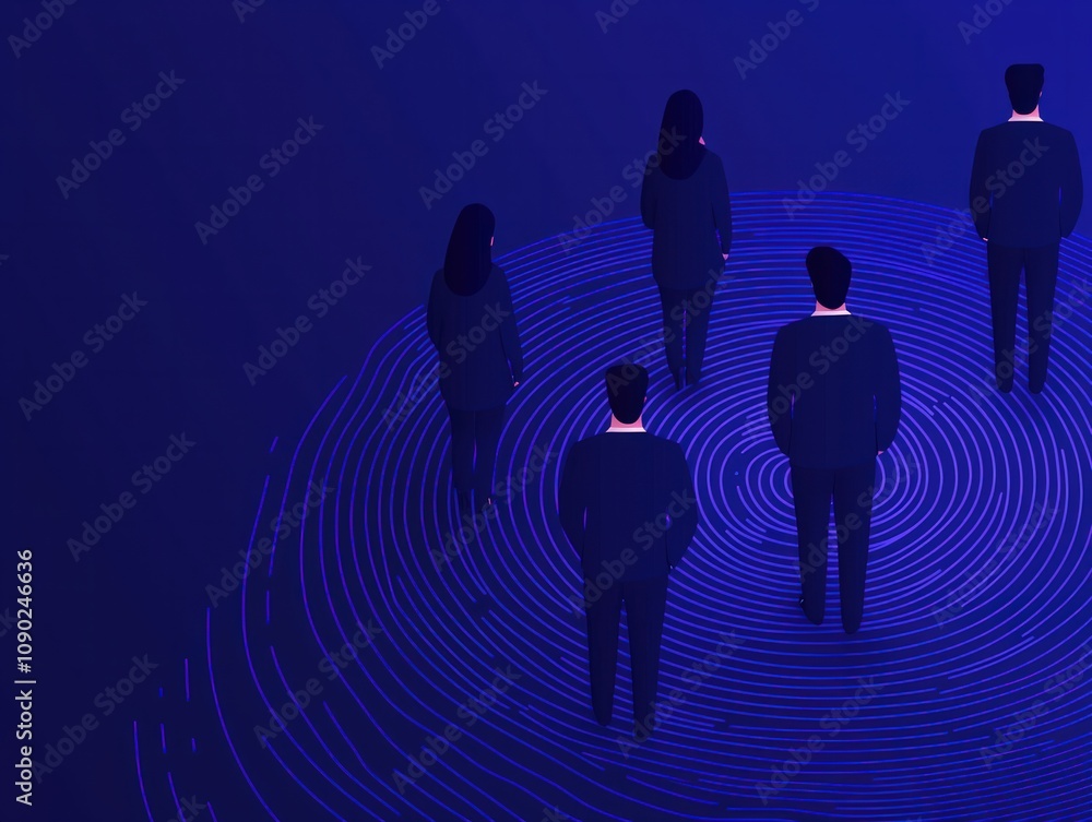 Poster five figures stand in a blue-lit environment, creating a sense of mystery and connection with swirli